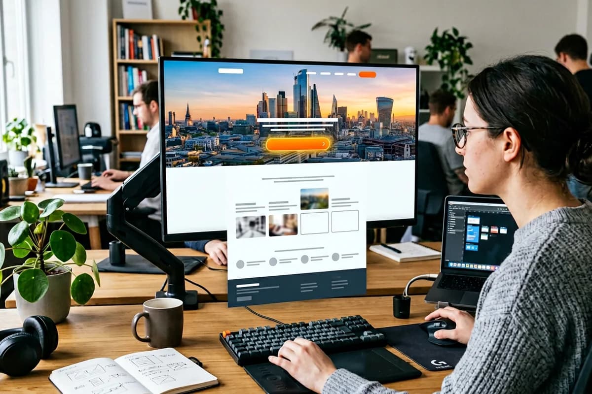 designer assembling a city landing page layout template on a large monitor in a modern office