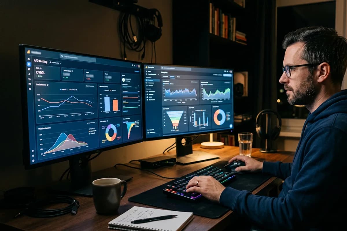 marketer running A and B test comparisons on dual monitors in an office