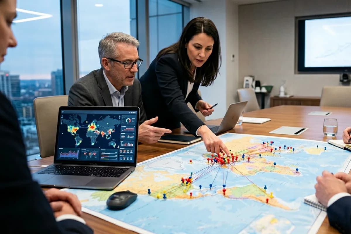 media planner comparing geo map overlays to landing page market coverage in a boardroom