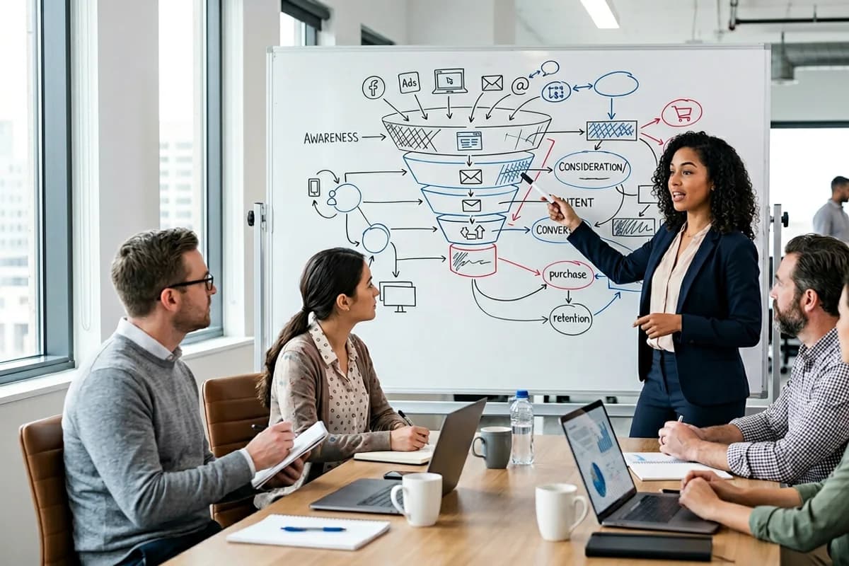 marketing and sales team mapping a lead funnel on a whiteboard in a conference room