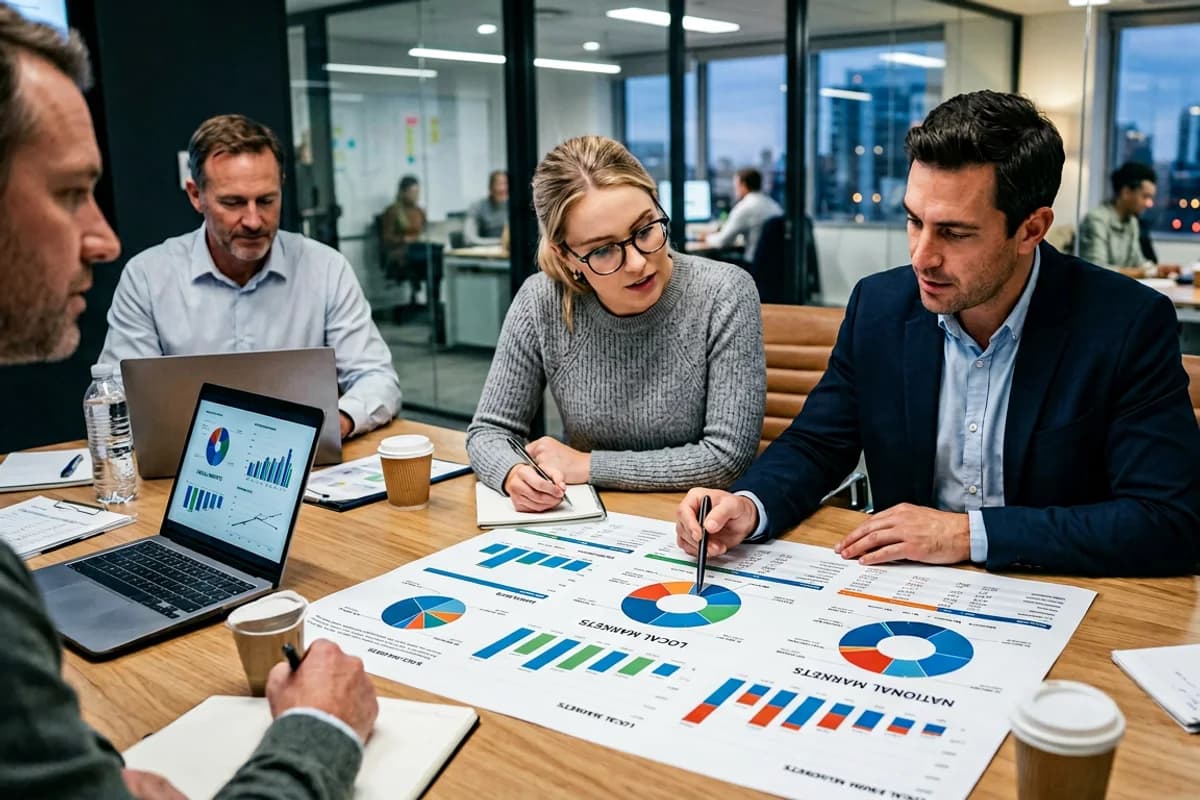 finance and marketing team splitting paid search budget across regional markets in a report review