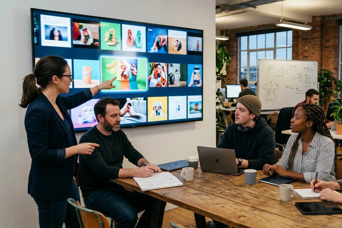 creative team reviewing ad creative on a large display in a marketing agency