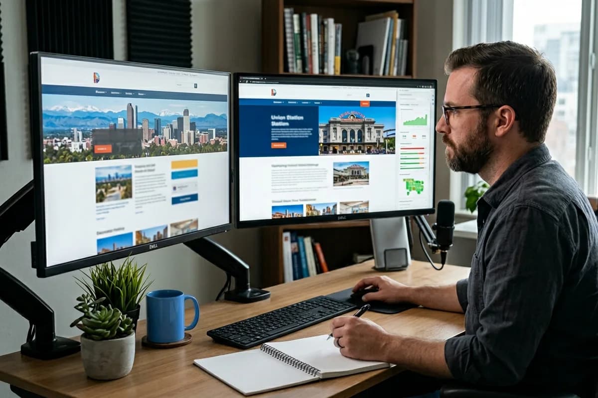 content strategist differentiating two city service pages with unique proof and data blocks on screens