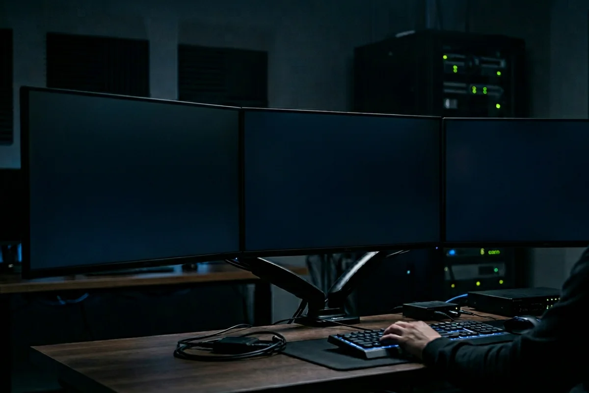 analytics lead configuring UTM parameters and market dashboards in a glass office at night