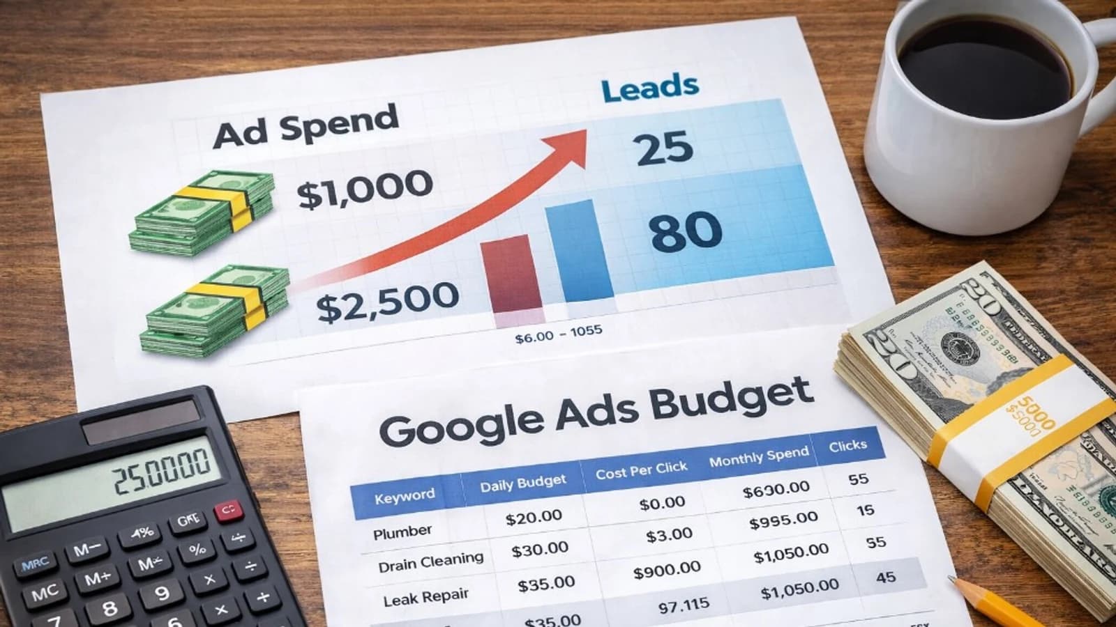 google ads budget planning worksheet with ad spend and lead projections