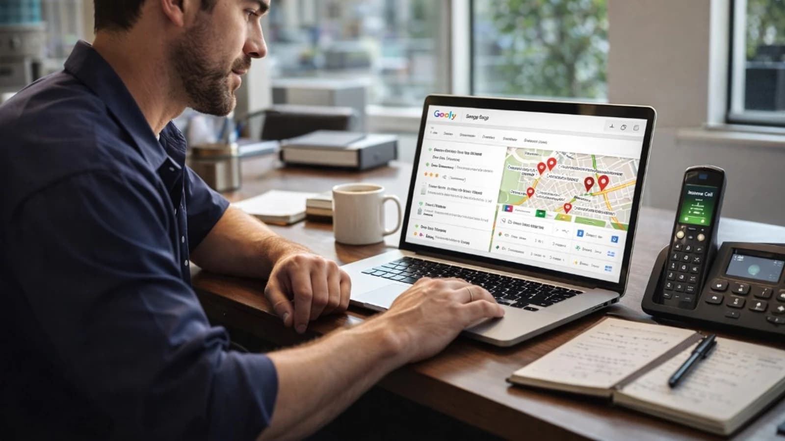 business owner checking local search visibility and map based lead activity