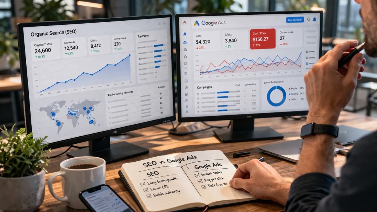 side by side analysis of seo performance and google ads metrics