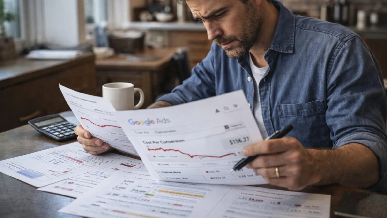marketer reviewing failed google ads report with poor conversion performance