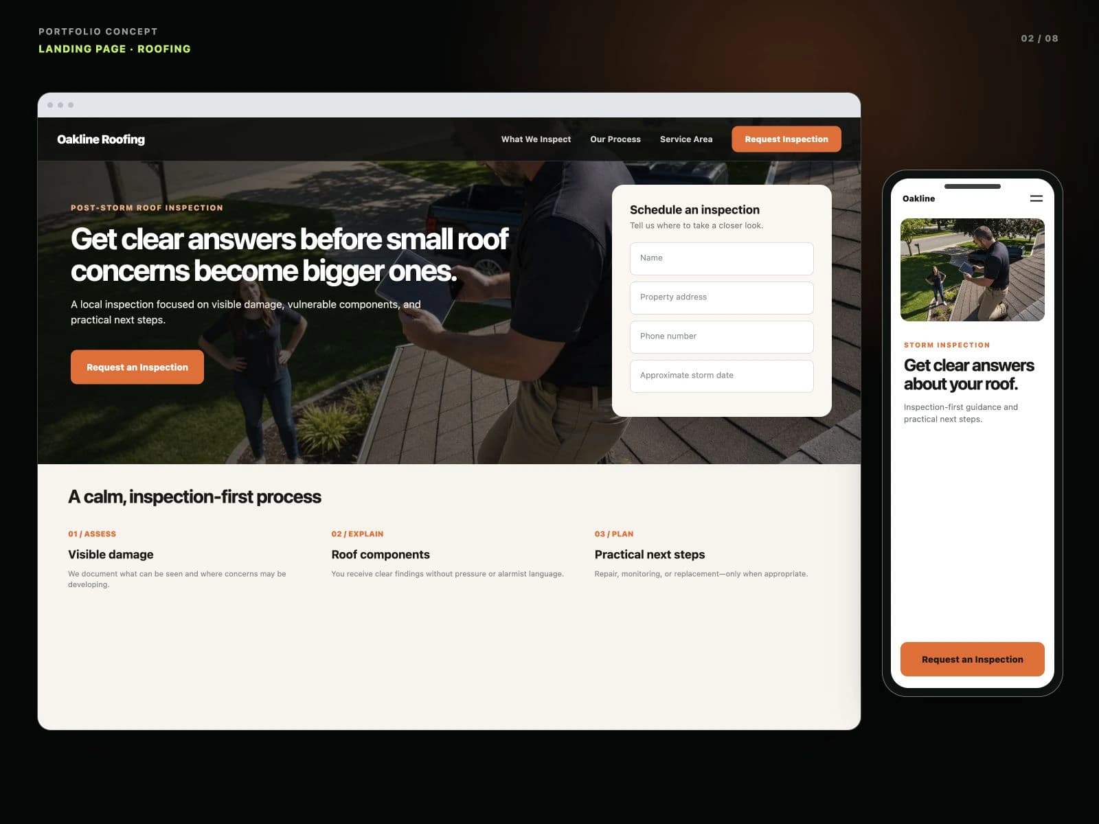 Landing page concept for storm damage roof inspection with an inspection request form