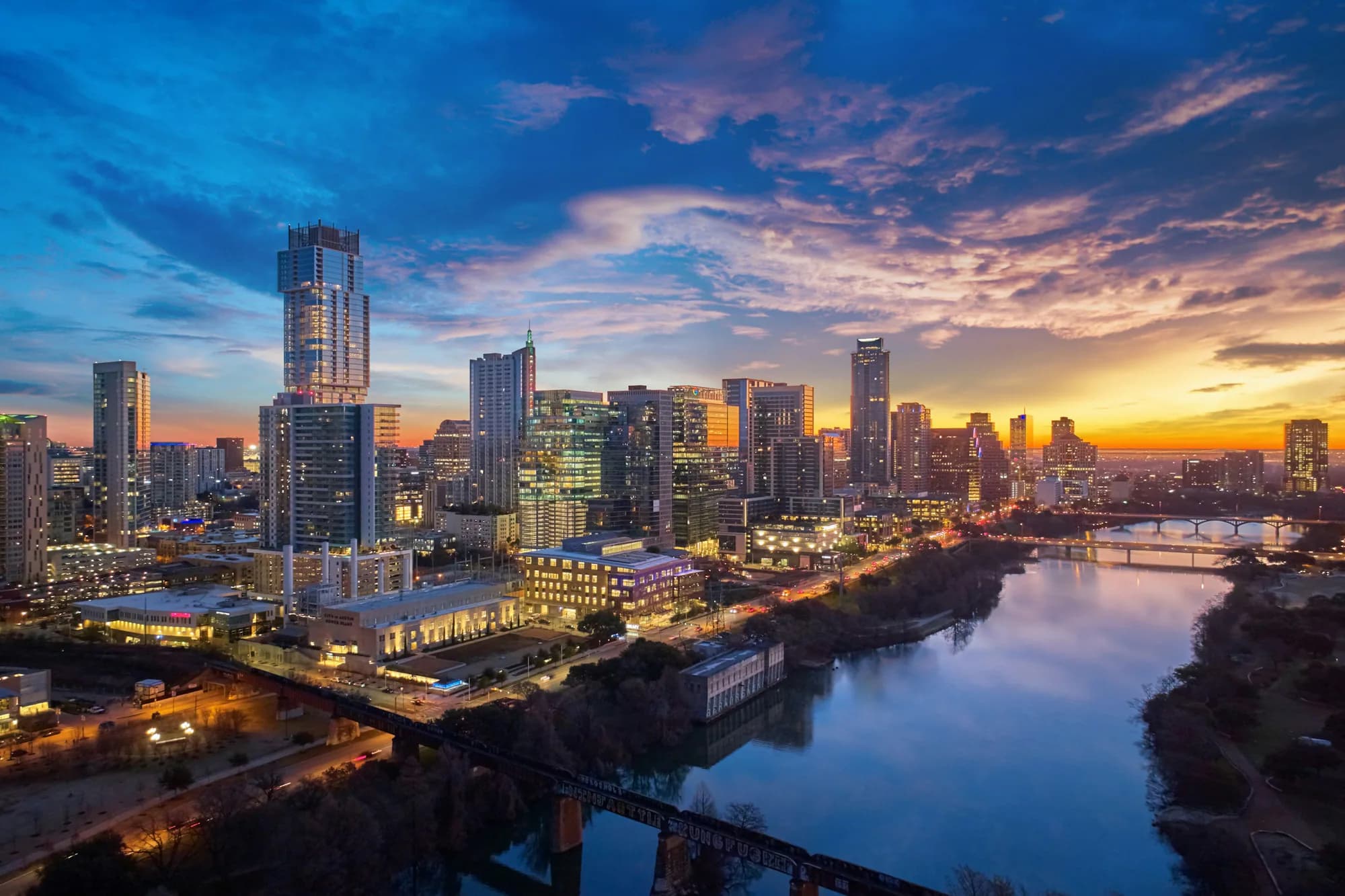 Austin, Texas cityscape with skyline and Colorado River view