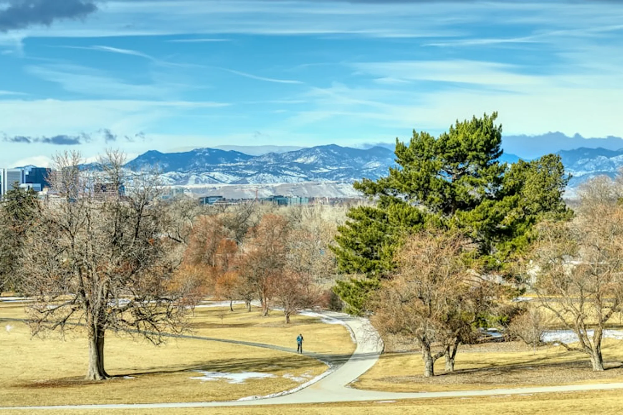 Denver, Colorado skyline with Rocky Mountain foothills backdrop
