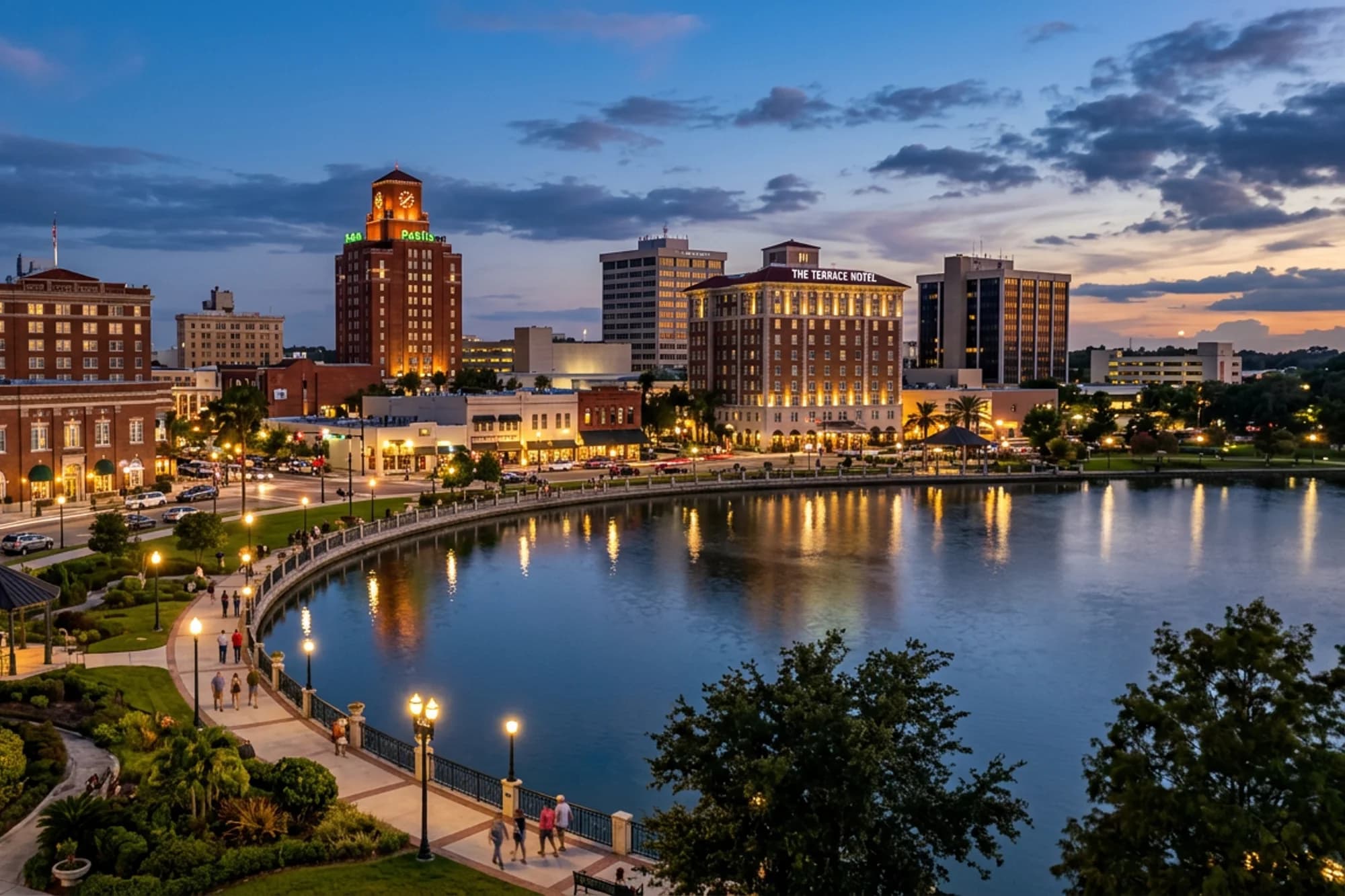 Lakeland, Florida downtown and lakeside cityscape