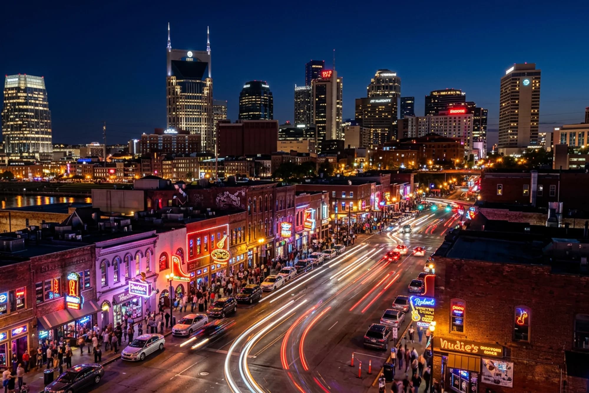 Nashville, Tennessee Broadway and downtown skyline at night