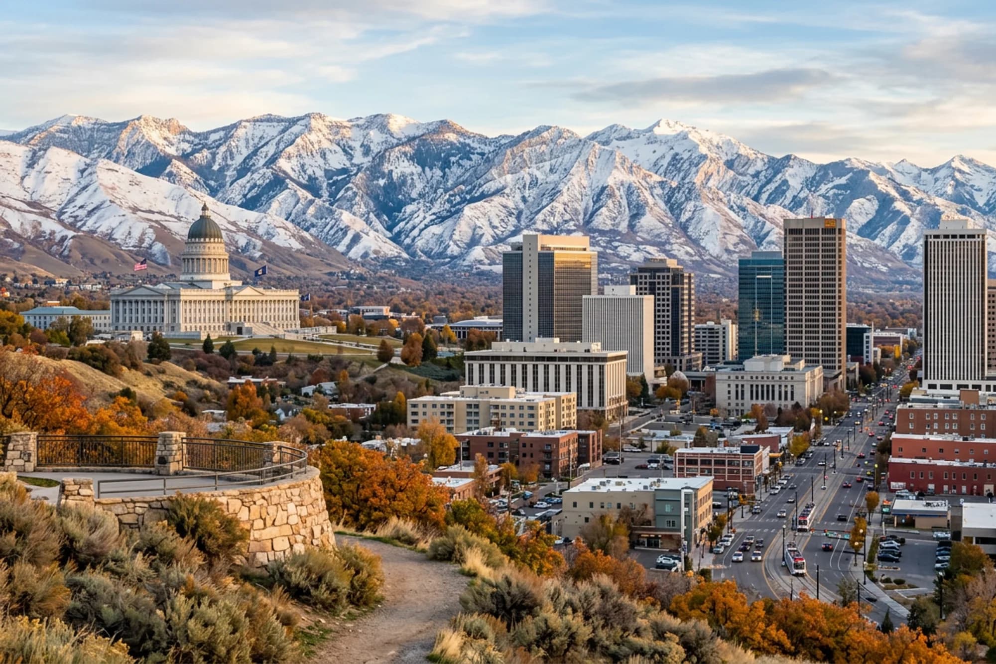 Salt Lake City, Utah downtown with Wasatch Range backdrop